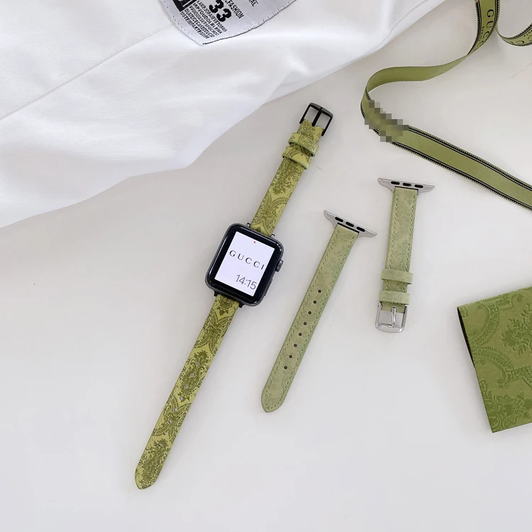

Print Flower Wristband Slim Thin Floral Design Leather Watch Band For Apple Watch SE 6 38mm, Darkgreen lightgreen