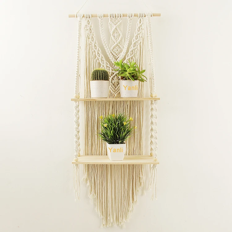 

2 Tier Macrame Wall Hanging Shelf Floating Shelves for Indoor Plants Photo Frames or Boho Room Decor Hanging Shelves Organizer, White