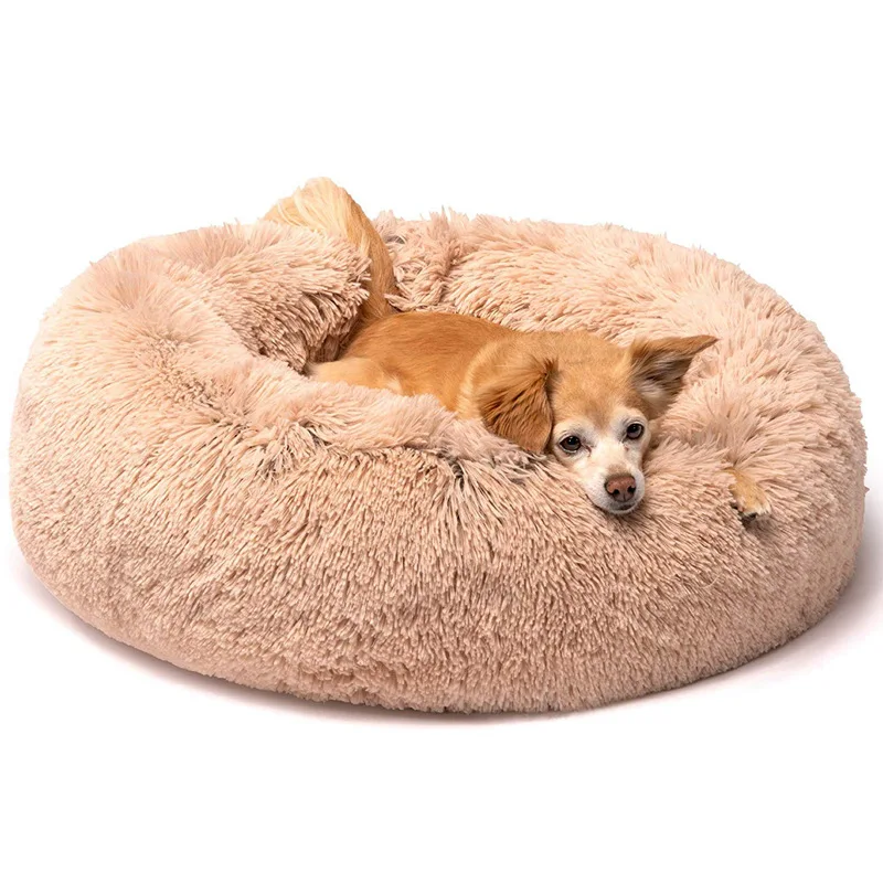 

Removeable Pet Accessories washable Fluffy Shag Fur Pet Cat Cozy Cuddler Calming Luxury Pet Beds Donut Dog Bed with zipper, Multi