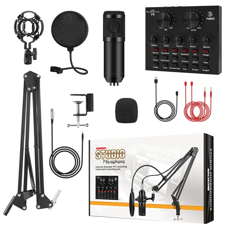 

Full Set Professional Studio Recording V8 Sound Card Bm800 Microphone Kit For Webcast Live Video, Black