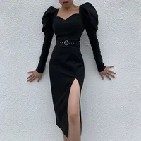

Newest 2020 Black elegant v neck women one piece split puff sleeve one piece bodycon dress