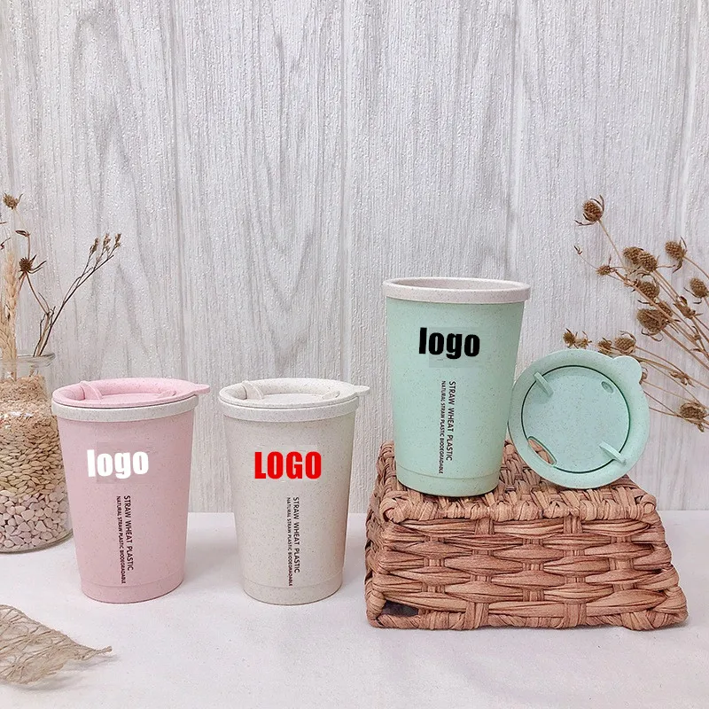 

Dinnerware factory custom logo wholesales Double Wall Insulate Reusable lightweight eco friendly Wheat Straw Travel Cups Mugs, Pink/green/beige/blue or customized