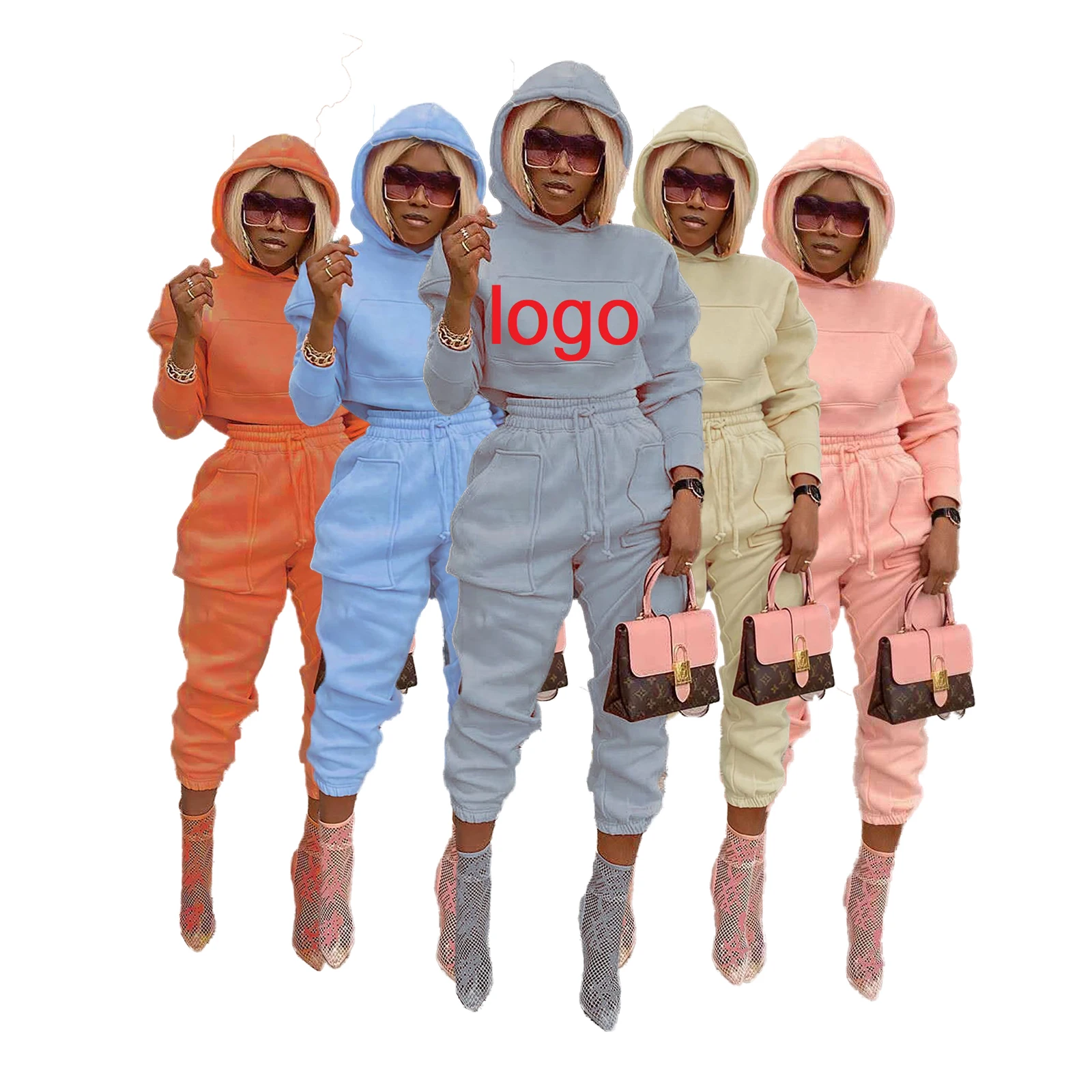 

wholesale hoodie embroidery pocket winter sweatpants and hoodie suit custom logo outfit 2 pc fall sets for women