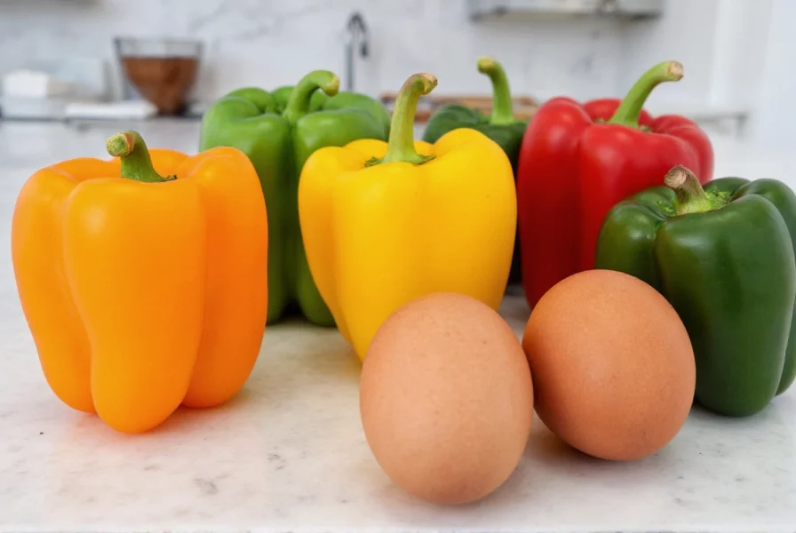 Colorful bell peppers of different varieties arranged in rainbow pattern next to fresh eggs on kitchen counter