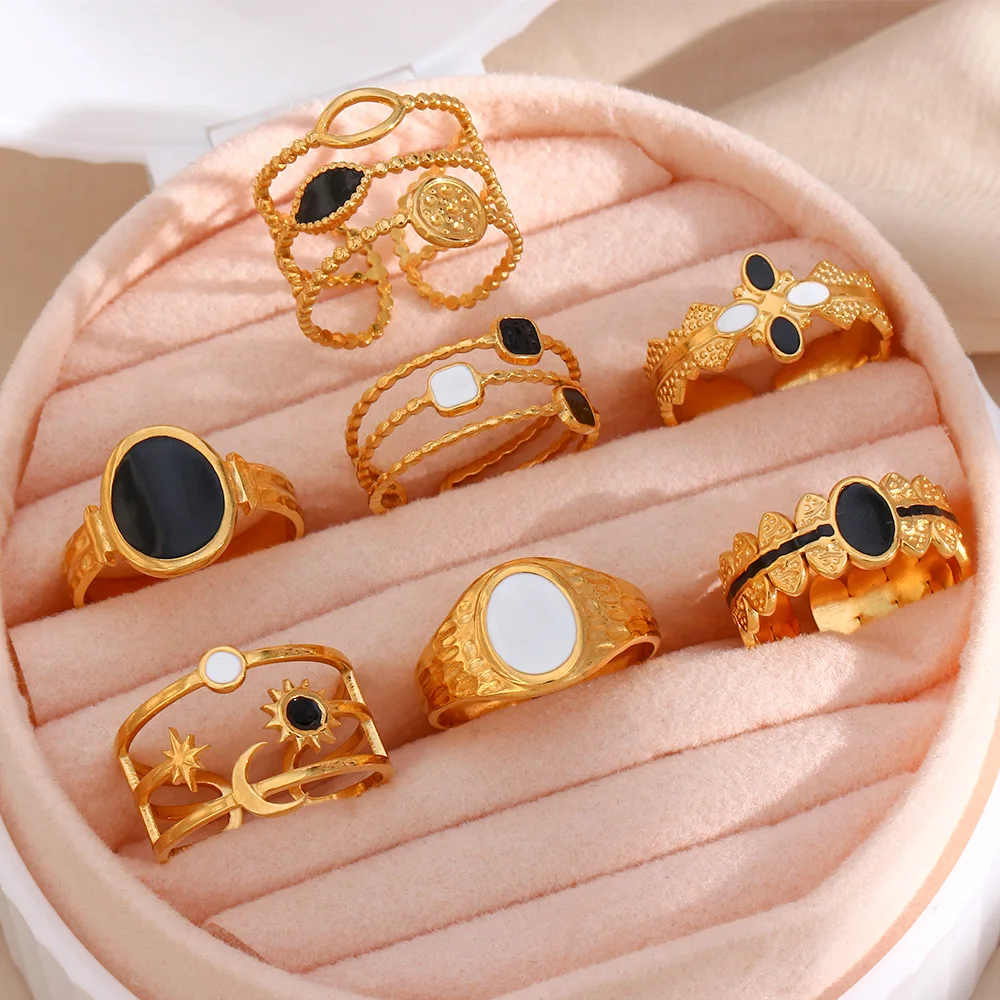 

New Stainless Steel Waterproof PVD Plating Enamel Black White Open Gold Ring Flower Hollow Moon Star Adjustable Rings Women