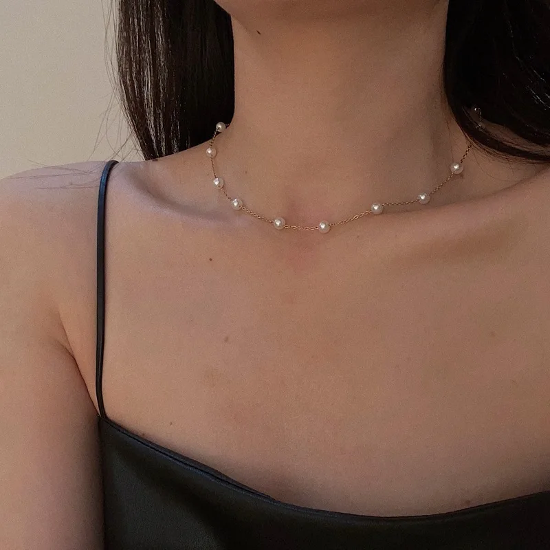 

New Designed Trendy Anti Tarnish Real Gold Plated Round Necklace Simple Starry Fresh Water Pearl Choker Necklace For Girls