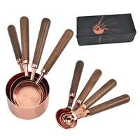 

4pcs Kitchen Baking Accessories Wooden Handle Copper plating Stainless Steel Measuring Cups and Spoons Set