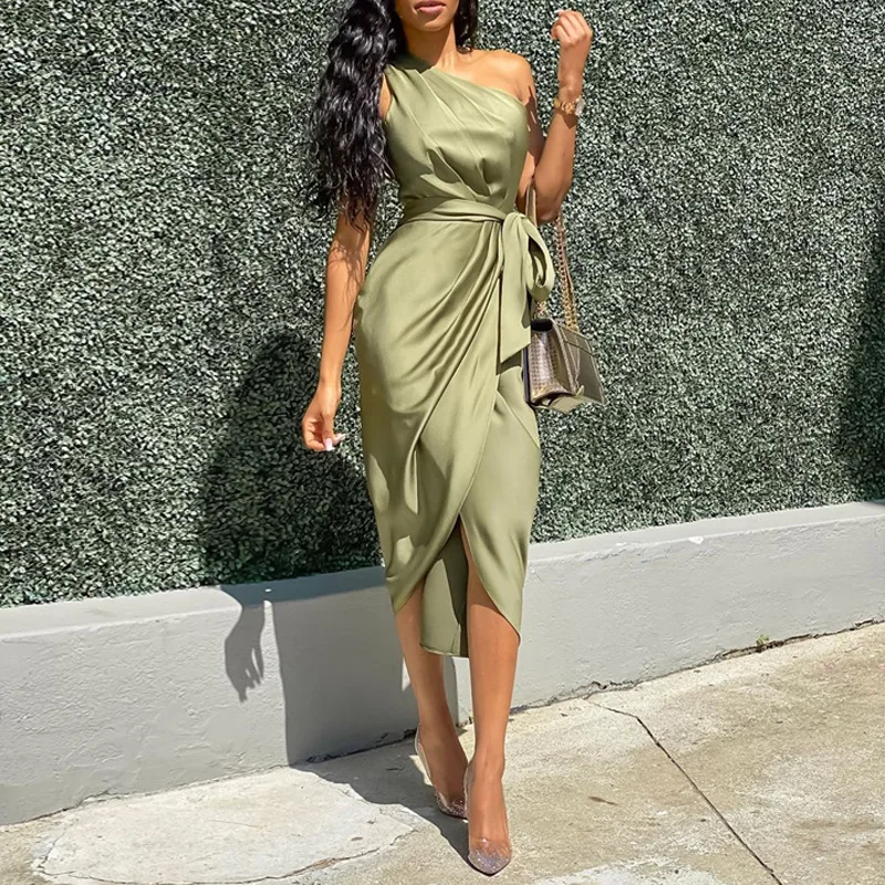 

Elegant Bodycon One Shoulder Bowtie Waist Belt Women Club Dresses