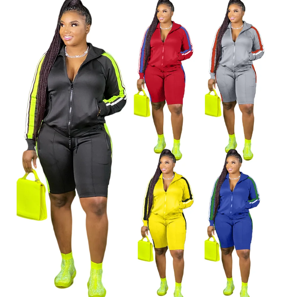 

Plus Size Sporty Two Piece Short Set Casual Side Stripes Patchwork Zipper Jacket Biker Shorts Set Fashion Club 2pcs sets RS00494