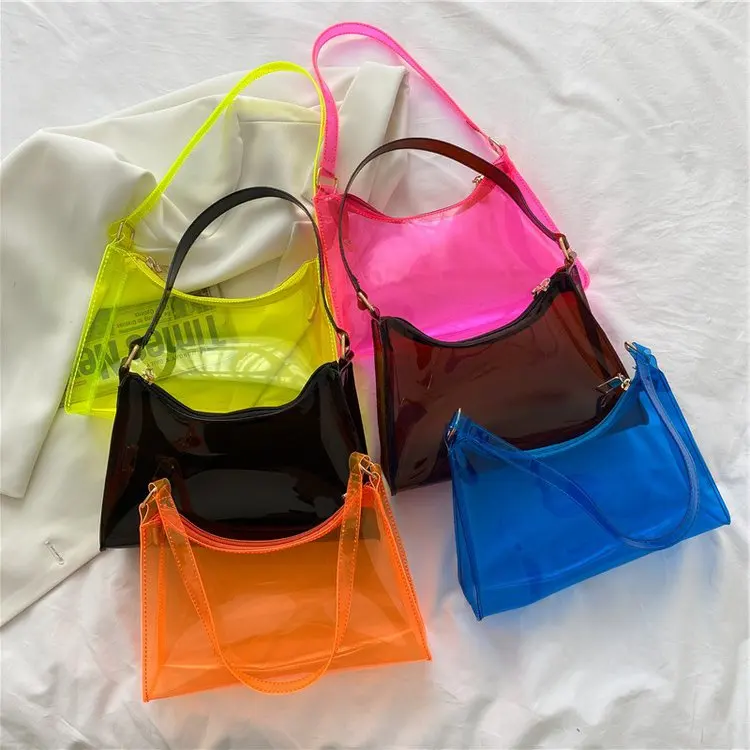

Wholesale Clear Candy Zipper Waterproof Shoulder Beach Bag PVC small jelly Transparent underarm bag purses and handbags, 6 colors