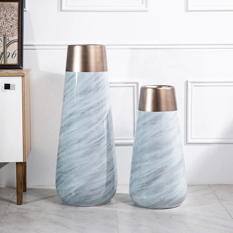 

European floor round vase luxury suit marble wood pattern artificial flower plant vase indoor home decoration, Customized color