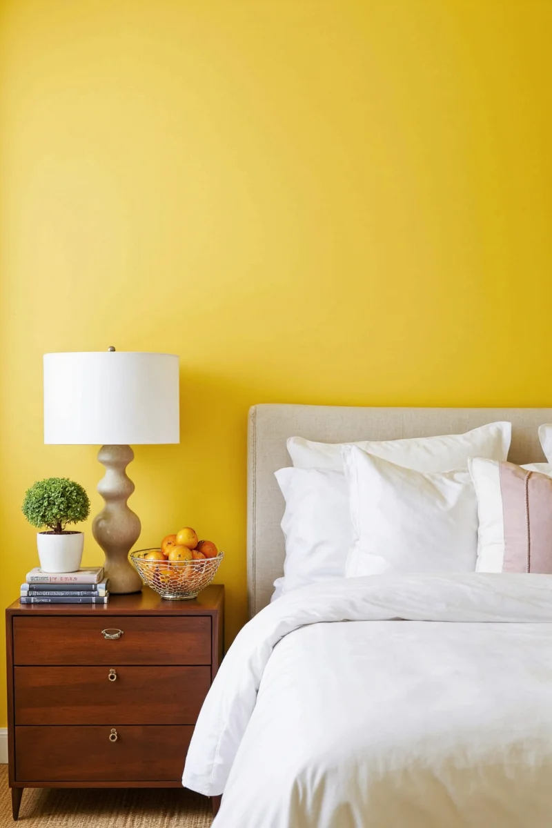 Cozy yellow bedroom with soft lighting and natural textures