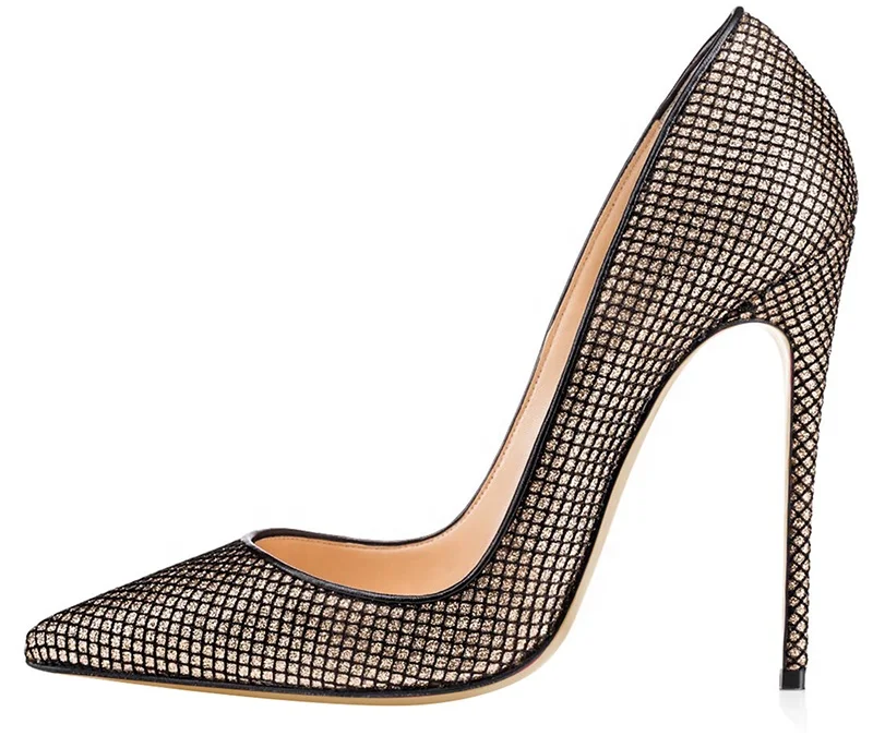 

luxury bling bling lattice gold party best women's classic fashion pointed toe high heel dress pumps, Nude/red bottom