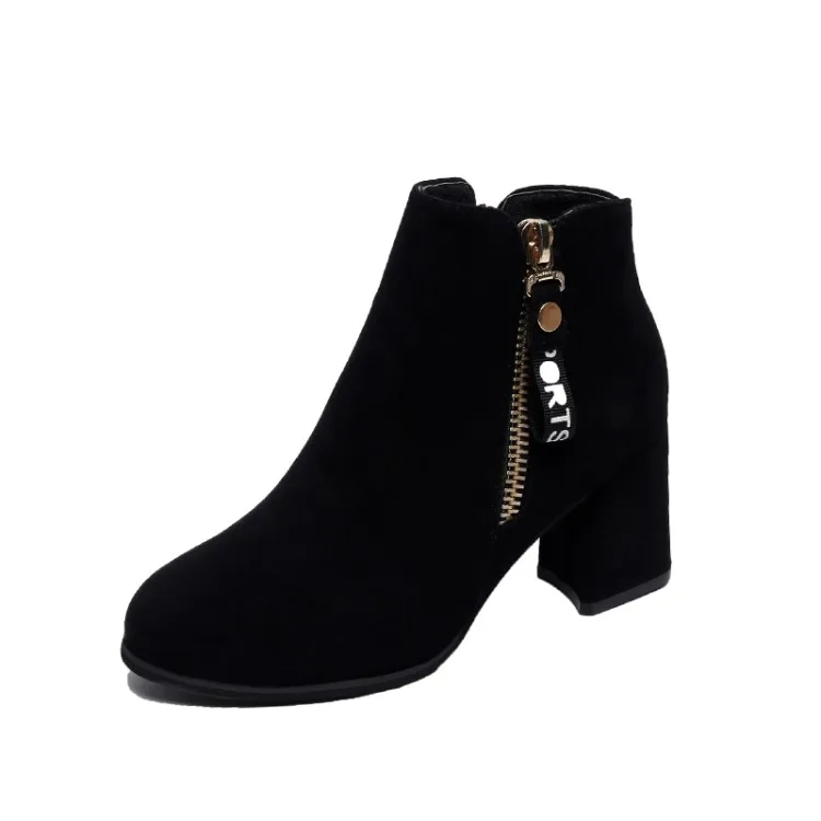 

Worldwin new arrival anti-slip suede round-toe thick-heeled ankle boots for women, Black,beige