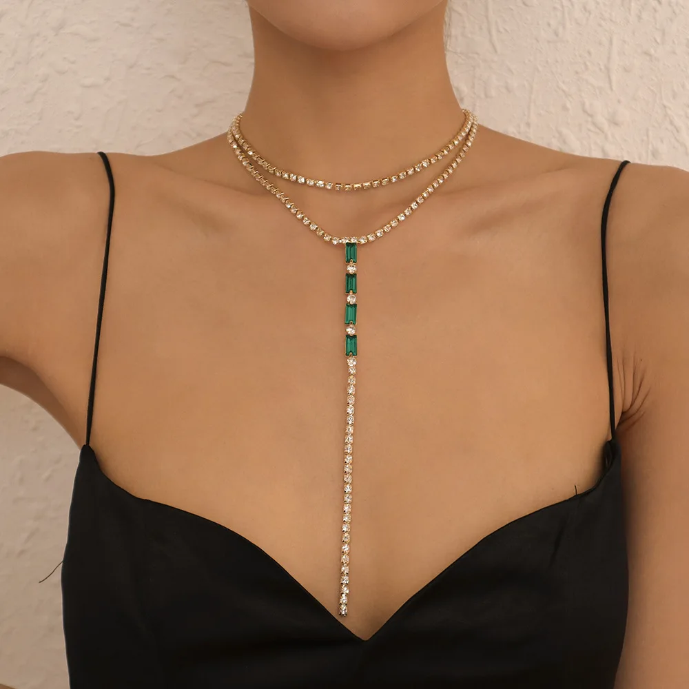 

European Statement Real Gold Plated Crystal Rhinestone Tennis Chain Necklace Emerald Square Diamond Statement Necklace