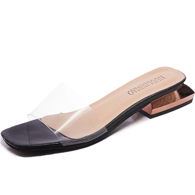 

New Square Heel Slides Shoes For Women Purple Heel Mule Summer Beach Cross-tied Slippers Bohemian Female Dress Shoes