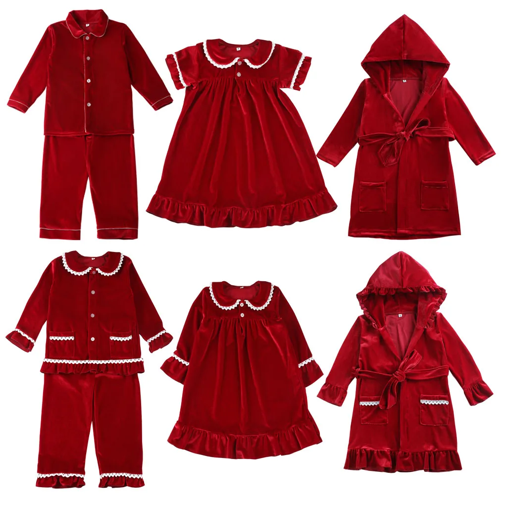 

velvet long sleeve childrens boutique pjs clothing red family christmas kids girls pyjamas set, Picture