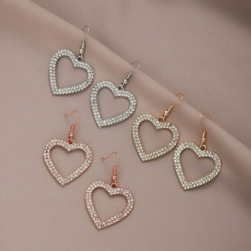 

Fashion 2021 Women Silver Plated Cubic Zirconia CZ Dangle Earrings Shiny Rhinestone Large Hollow Heart Pendant Earring For Party