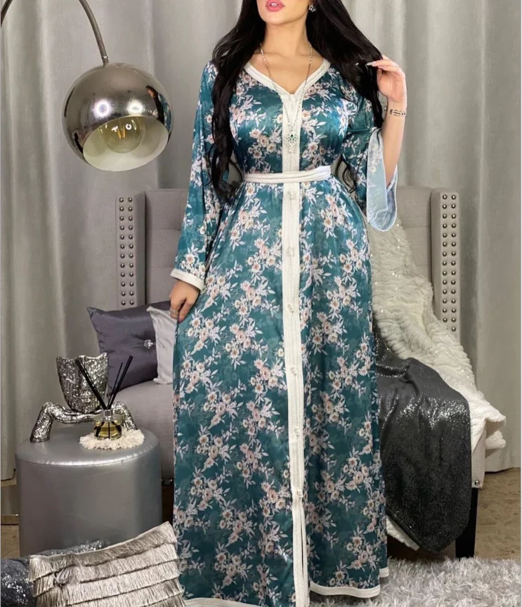 

Turkey dubai floral print dress 2021 new arrivals muslim clothing, Blue