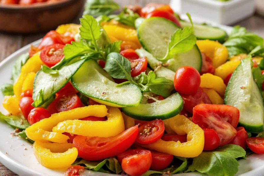 Colorful salad featuring sliced bell peppers, cherry tomatoes, cucumber, and leafy greens