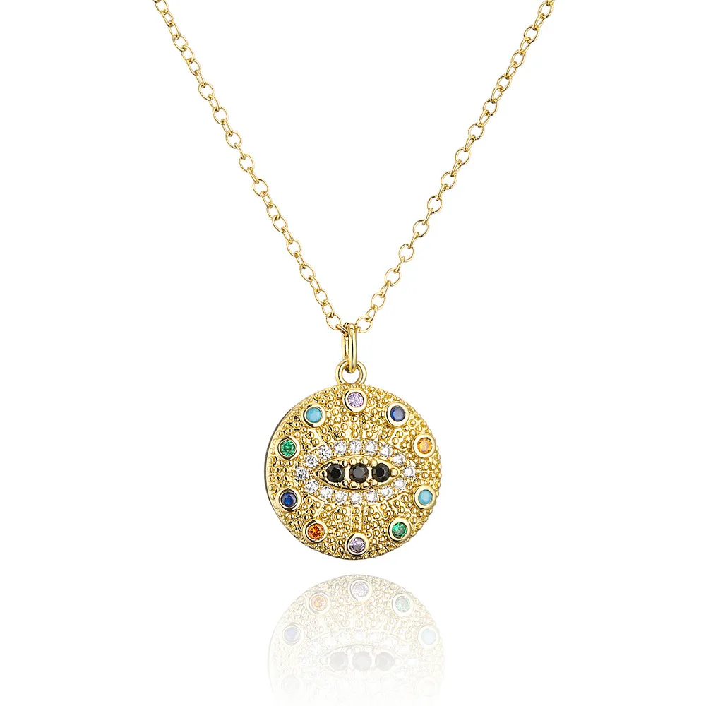 

Real 18K Gold Plated Micro Pave Zircon Star Moon Pendant Necklace Colorful CZ Crystal Turkish Eye Round Disc Necklace