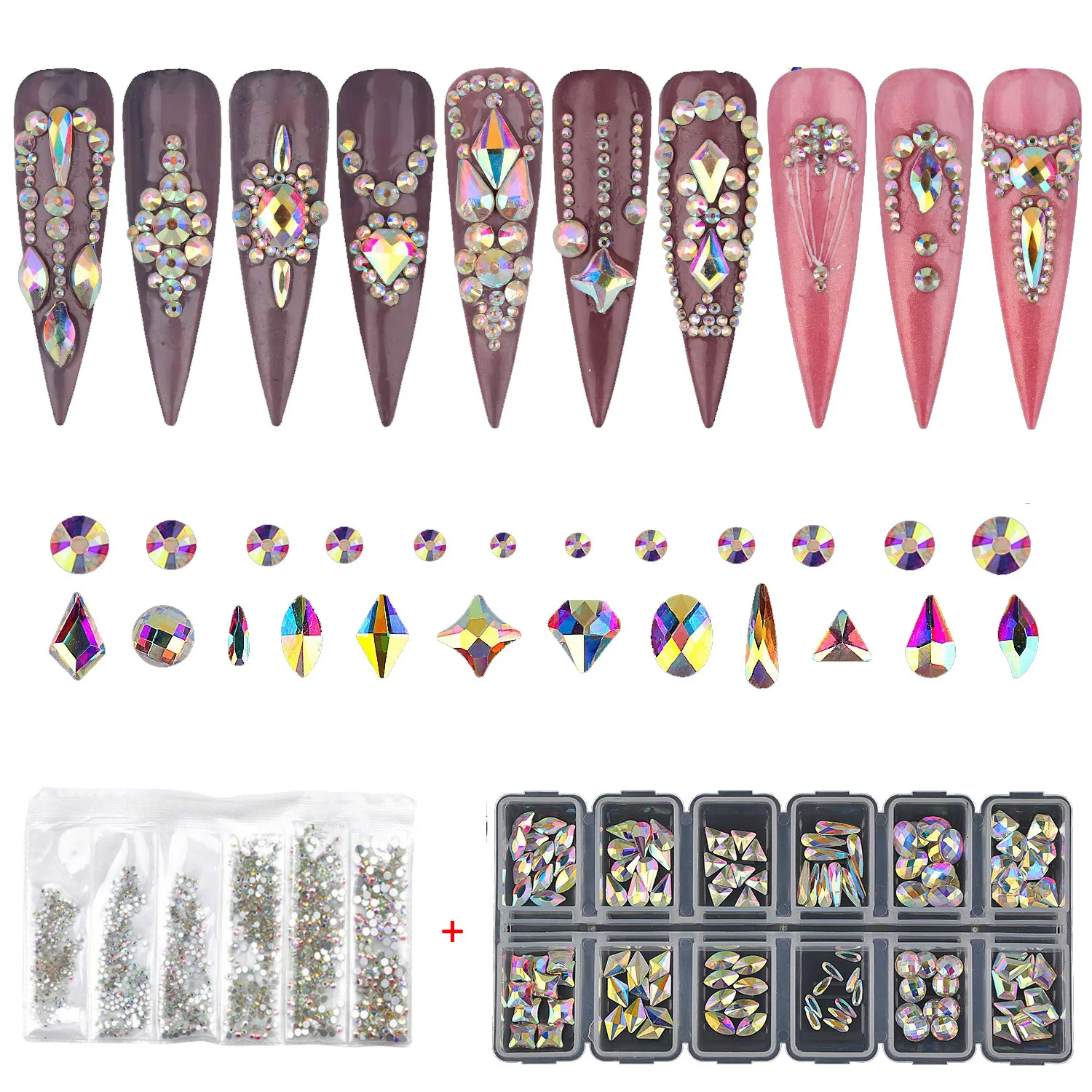 

Free Shipping AB 1560pcs Rhinestones Nail Art Jewelry Set Crystal Decoration Multi Shape Flat Back Shiny Nail Art