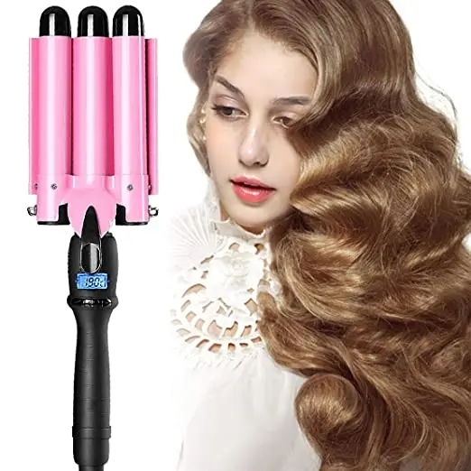 

Professional LCD Digital Display Hair Curling Iron Hair Waver PTC Heater 3 Barrel Electric Triple Barrel Hair Curler, Pink,or custom