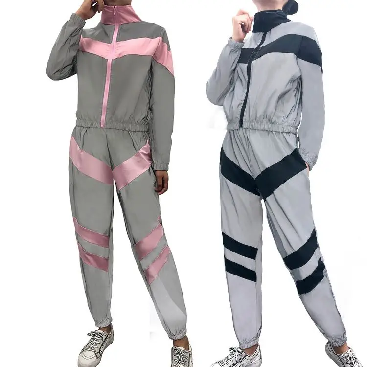 

Stylish Ladies Sports Jogger Streetwear Outfit Casual Jacket And Pants Two Piece Set Reflective Tracksuits For Women, Pink/ black