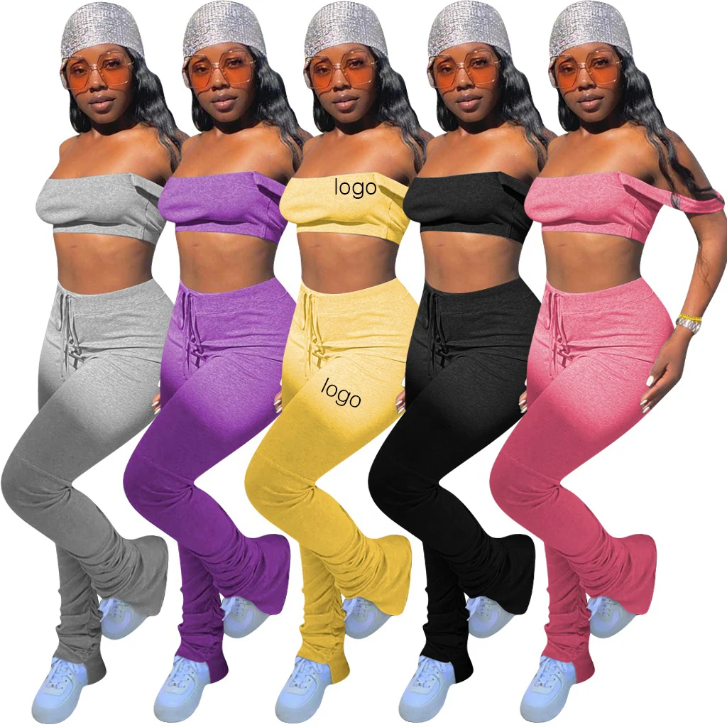 

summer 2021 custom leggings logo summer sexy flare stacked pants womans two 2 piece sets, Red, black, gold
