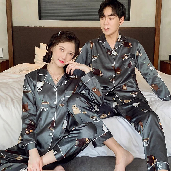 

Wholesale Couple Pajama Set for Honeymoon Sleep Suit for Couples Silk Like Night Wear Satin Pyjamas