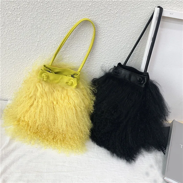 

Jtfur New style ladies fashion genuine leather mongolian lamb fur handbags, Customized color