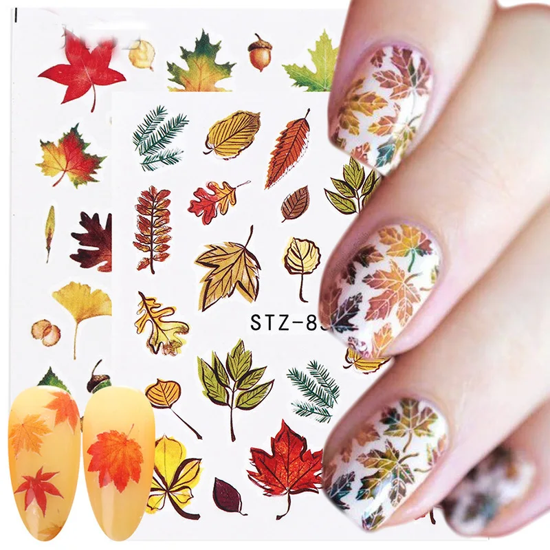 

Free Shipping Nail Arts Fall Maple Leaf Nail Stickers 3D Autumn Leaves Pumpkin Thanksgiving Nail Water Transfer Decals