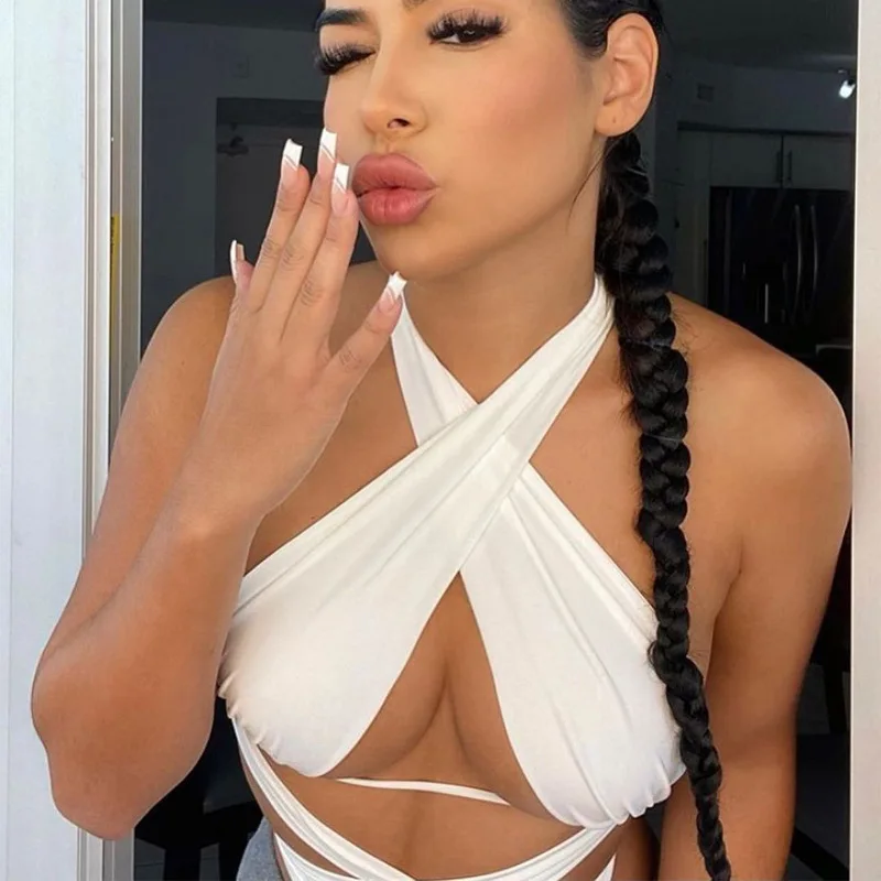 

2021 summer woman white hollow out halter crop tops fashionable, Customized color