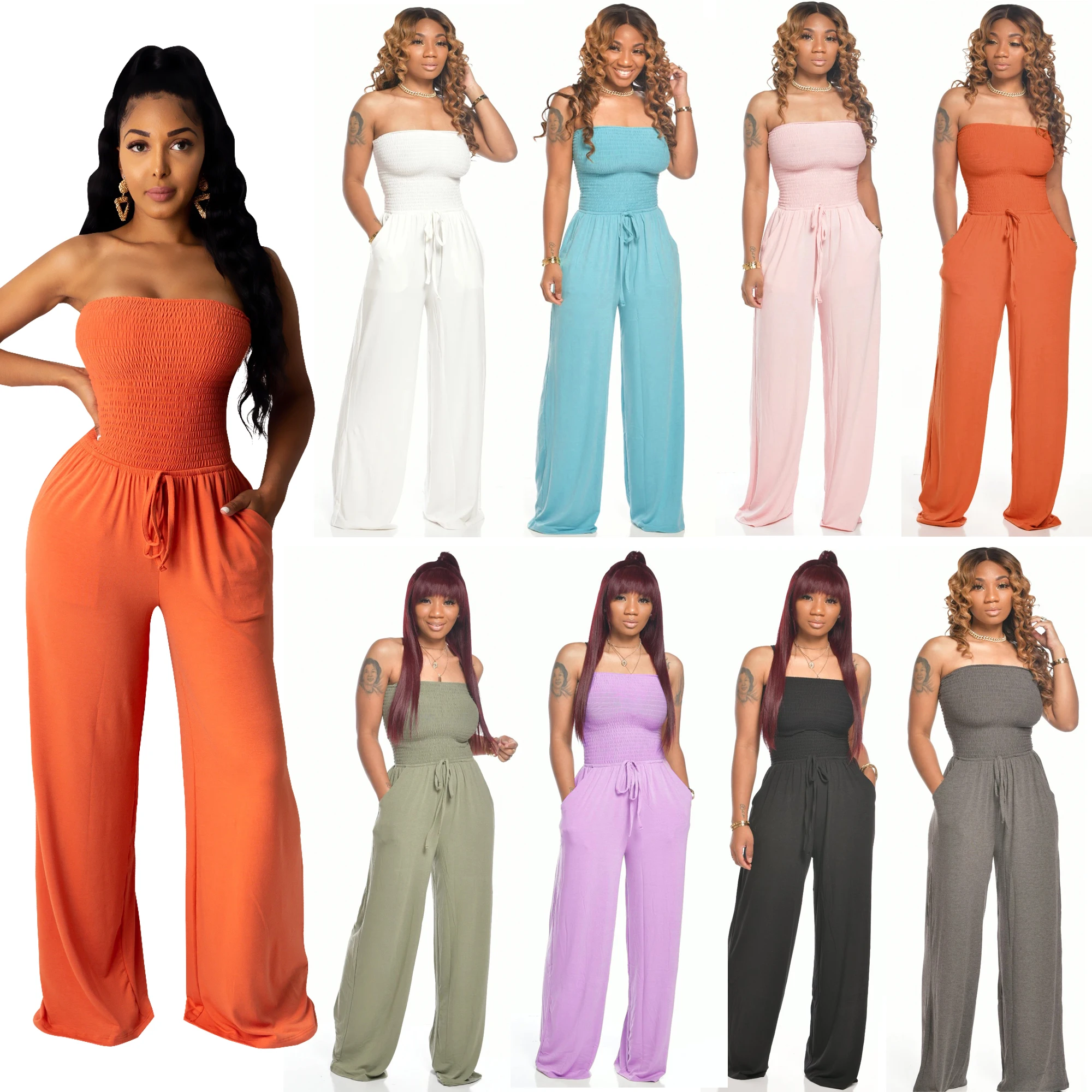 

Stock korean fashion home pants solid color tube top wide-leg off shoulder short jumpsuit laddies jumpsuit