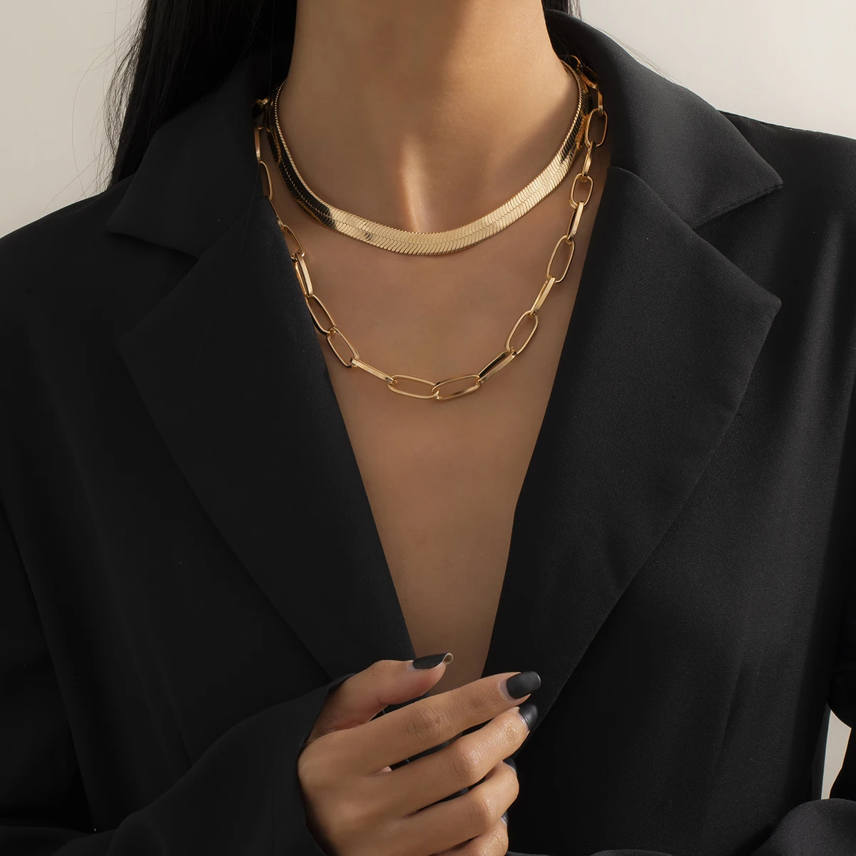

SHIXIN Punk 2-layer Chain Necklace Snake Chains Paperclip Layered Chain Necklace Gold Plated 14 to 20 Inches Necklaces