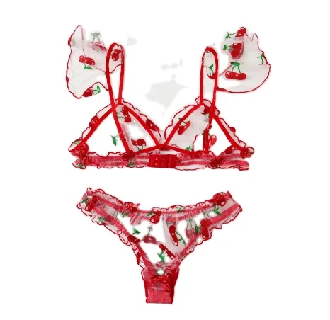 

Wholesale Factory Cheap Lencerie Ladies Cherry Embroidery See Through Lace Cute Sexy Underwear Bra & Brief Sets