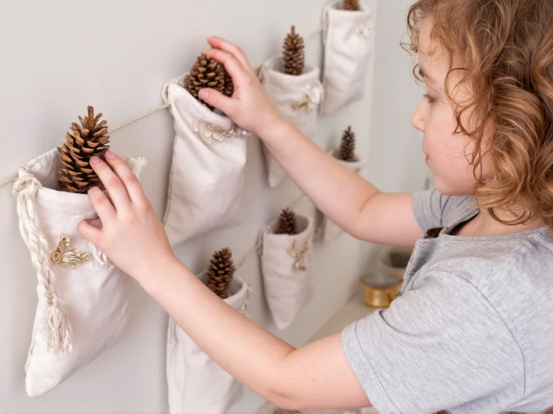 Child's hands placing pinecones into fabric advent calendar pouches