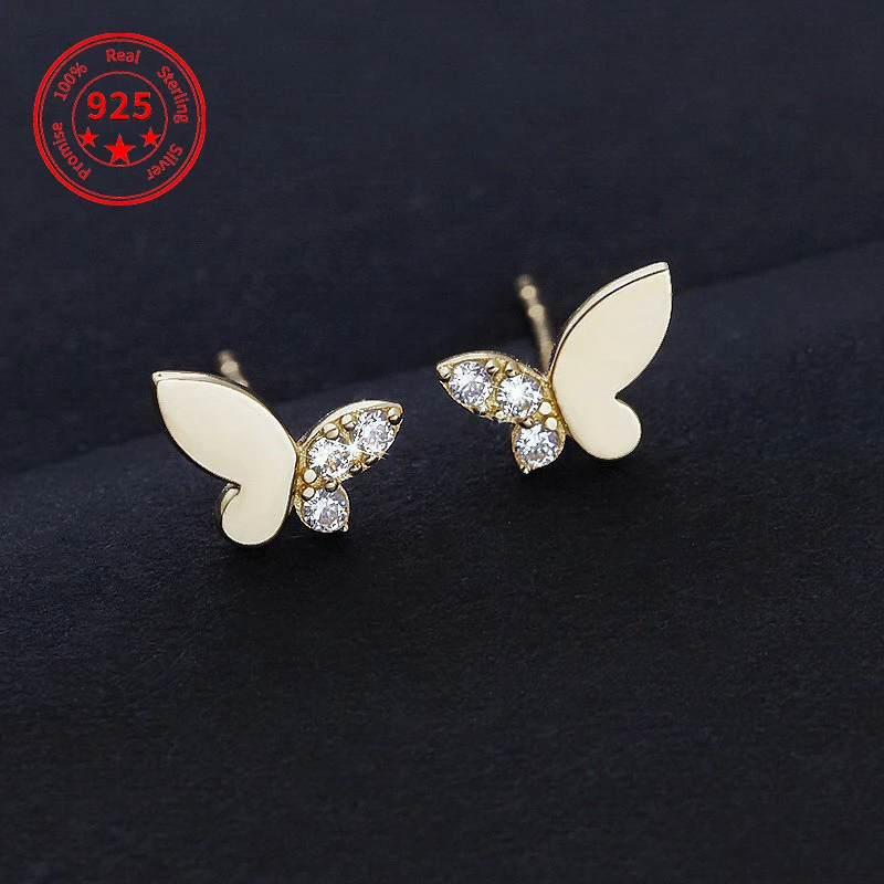 

2021 Fashion Mini Shiny 14K Gold Plated Butterfly Stud Earrings 925 Sterling Silver Ear Stud Jewelry For Woman, Silver,gold