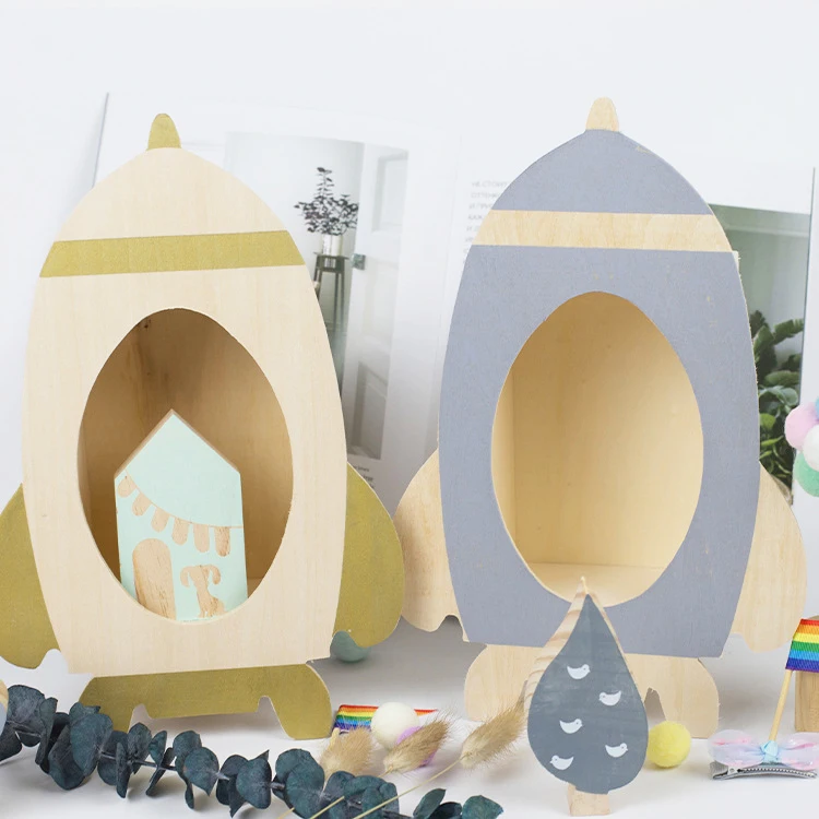 

Nordic handmade wooden rocket storage shelf home decorations baby nursery decor for children room, Gold, grey