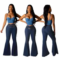 

dark blue flared denim pantalones jeans women high waist trousers