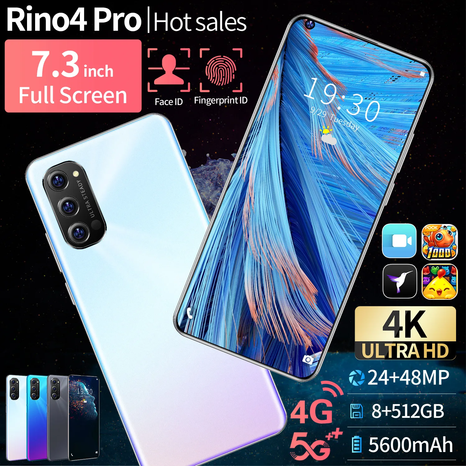 

Hot selling Rino4 Pro 10core 8GB+512GB 5600mAh MTK6889 7.3'' HD full screen 24MP+48MP rear camera fingerPrint ID face unlock