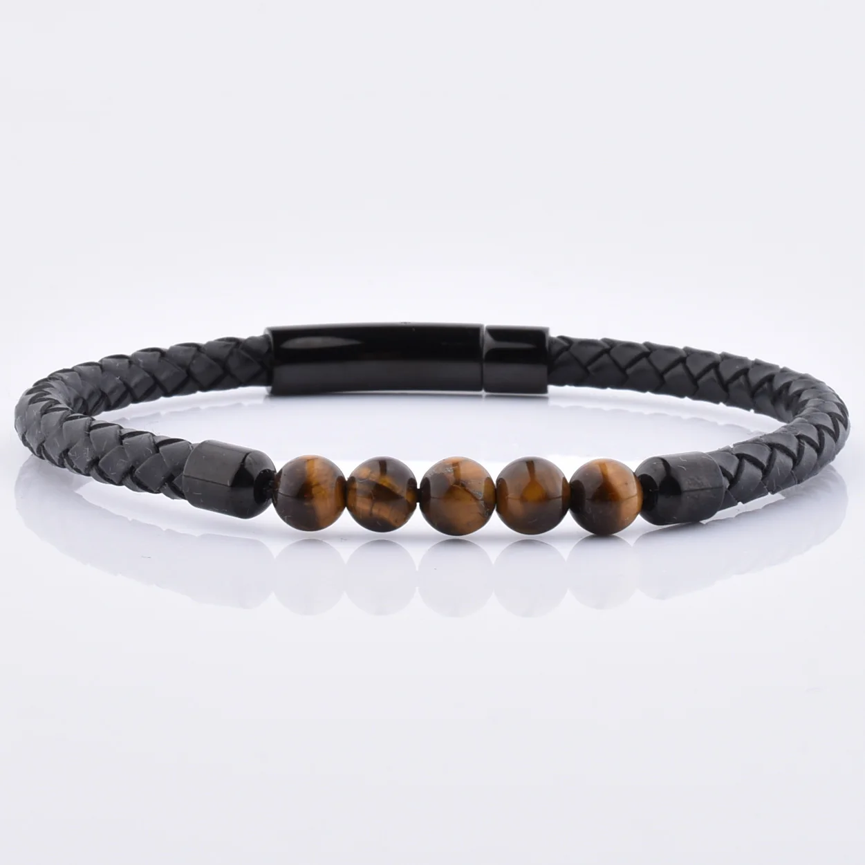 

Tiger Eye Beads Stainless Steel Clasp Genuine Leather Custom Logo Bracelet Men