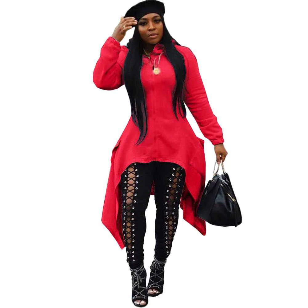 

Solid Color Design Zipper Irregular Hem Long Hoodies Sweatshirt Dress For Women, Picture shows