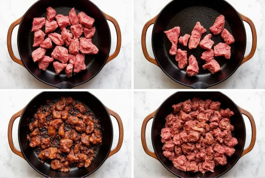Step-by-step beef browning technique for chili recipe showing cast iron skillet with perfectly seared meat chunks