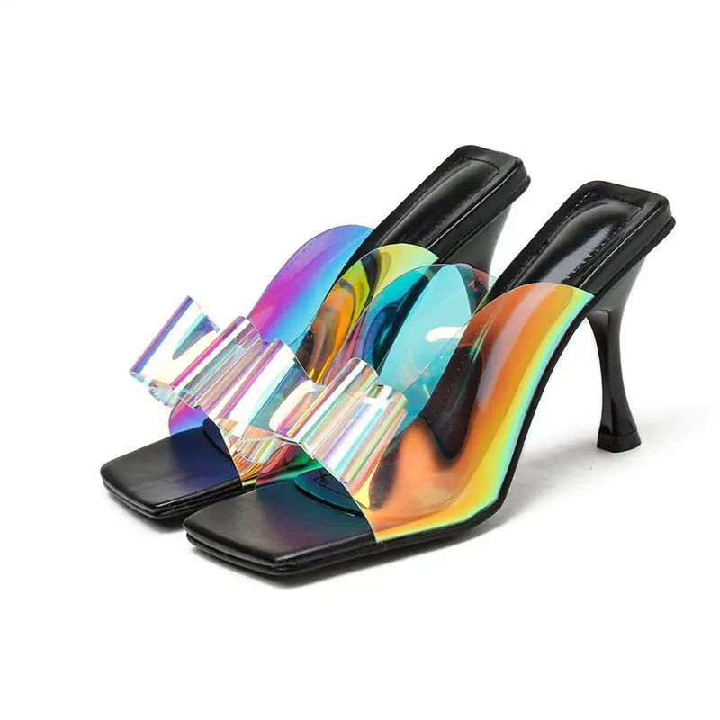 

New Square Transparent Crystal Mules Sandals Women Slippers Bow Knot Thin High Heels Sexy Ladies Shoes, Black,blue,beige
