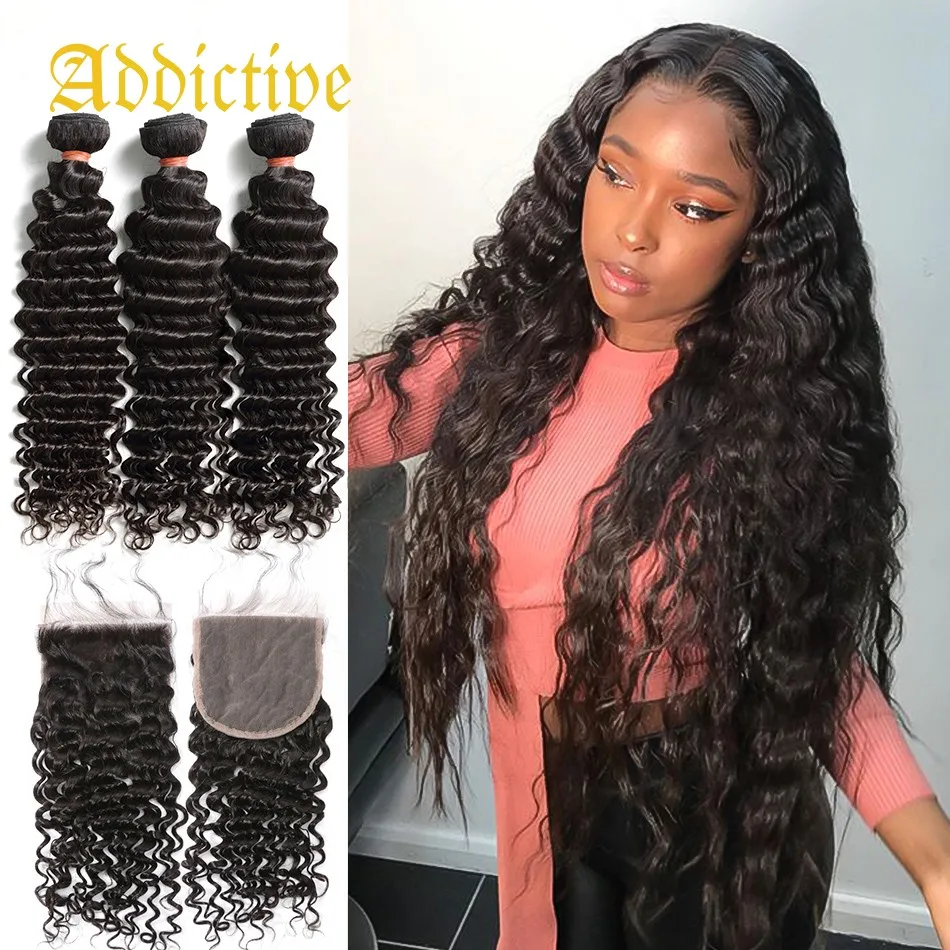 

Addictive 28 30 inch Deep Wave Bundles With Closure Peruvian Remy Human Hair Weaves Water Curly and 4x4 Lace Closure