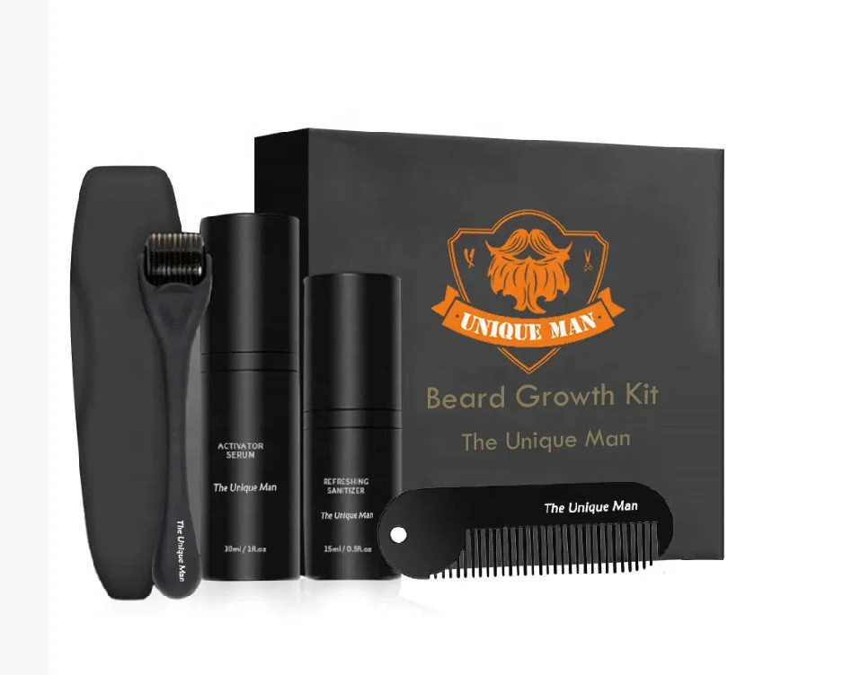 

New Arrival hot selling beard growth kit with beard activator serum Derma Roller private label mens beard growth grooming kit, All black