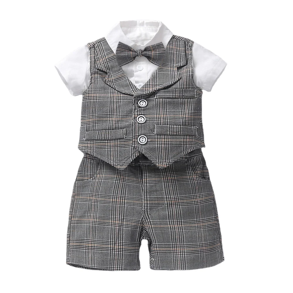 

2021 Newborn Baby Boy Clothing Sets Infant Boys Plaid Romper with Suspender Shorts 2pcs Summer Clothes 1st Birthday Gifts