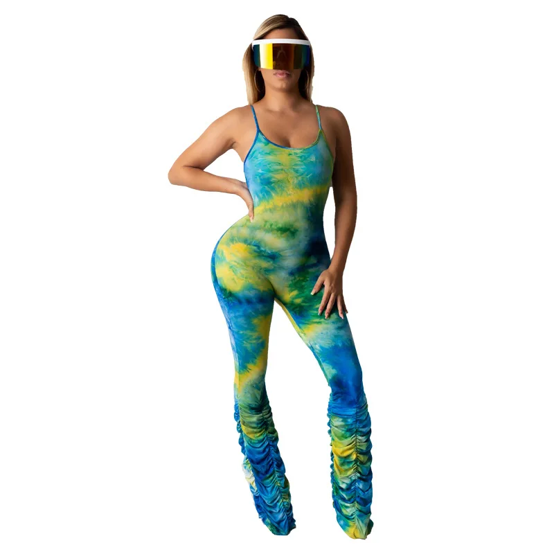 

New Arrivals Ladies Rompers Casual Wear Sleeveless Summer Rainbow Print Tie Dyed Strap Wrinkle One Piece Women Jumpsuit