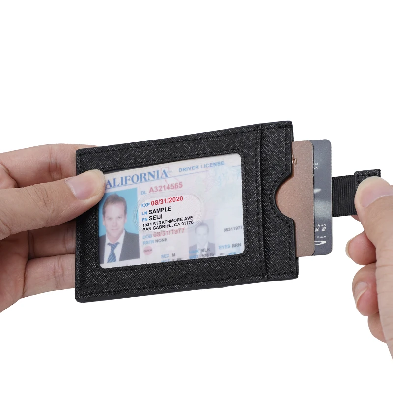 

TIDING New Design Custom Black Saffiano Leather ID Card Holder Slim Elastic Credit Card Wallet With Pull Tab